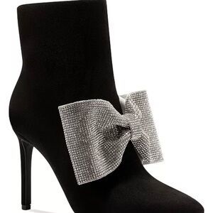Elegant INC Black Ankle Booties with Silver Crystal Bow